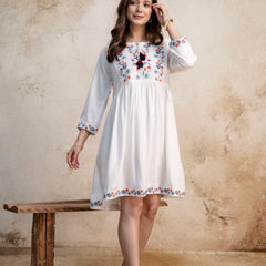 White & Maroon Floral Embroidered Flared Boho Mini Dress