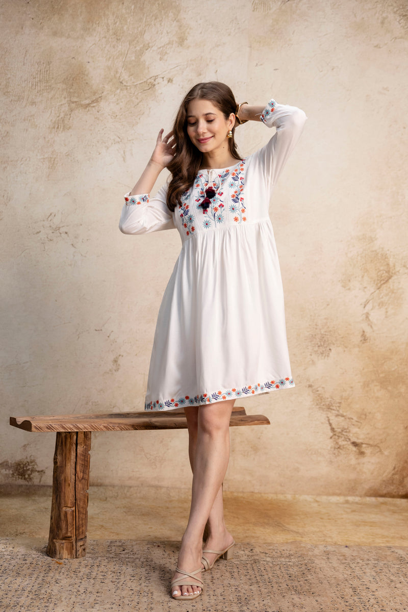 White & Maroon Floral Embroidered Flared Boho Mini Dress