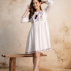 White & Maroon Floral Embroidered Flared Boho Mini Dress