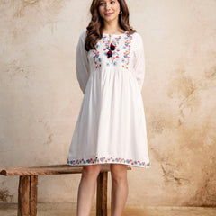 White & Maroon Floral Embroidered Flared Boho Mini Dress