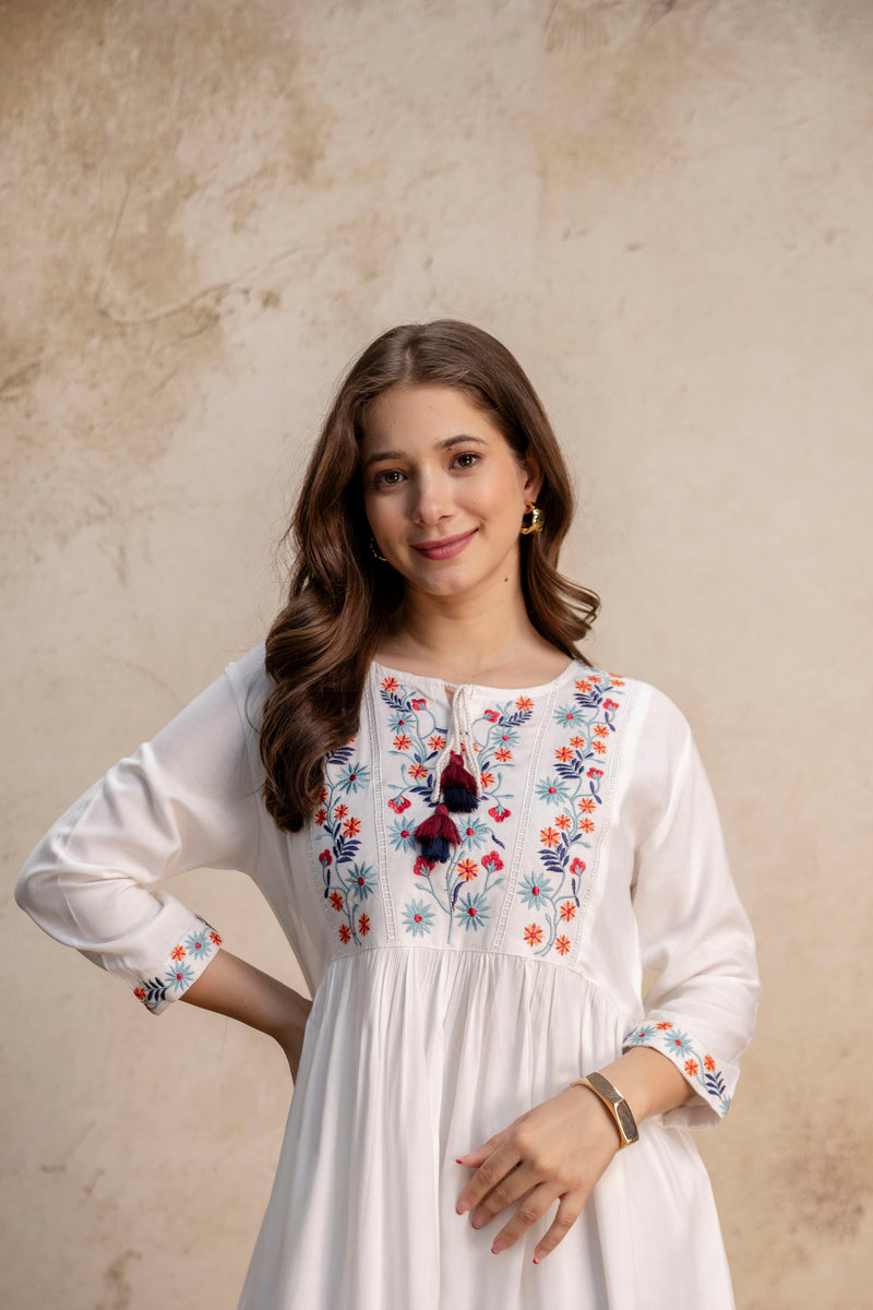 White & Maroon Floral Embroidered Flared Boho Mini Dress