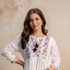 White & Maroon Floral Embroidered Flared Boho Mini Dress