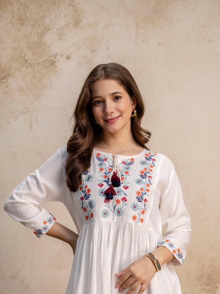 White & Maroon Floral Embroidered Flared Boho Mini Dress