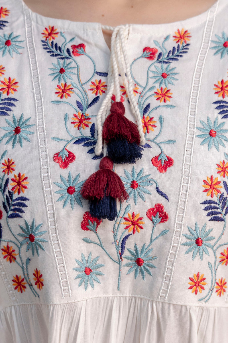 White & Maroon Floral Embroidered Flared Boho Mini Dress
