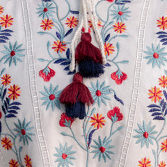 White & Maroon Floral Embroidered Flared Boho Mini Dress