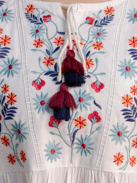 White & Maroon Floral Embroidered Flared Boho Mini Dress
