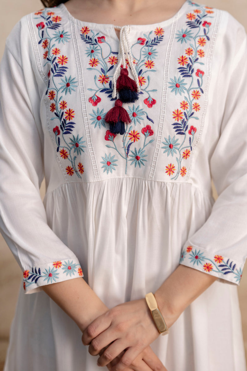 White & Maroon Floral Embroidered Flared Boho Mini Dress