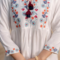 White & Maroon Floral Embroidered Flared Boho Mini Dress