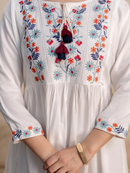 White & Maroon Floral Embroidered Flared Boho Mini Dress