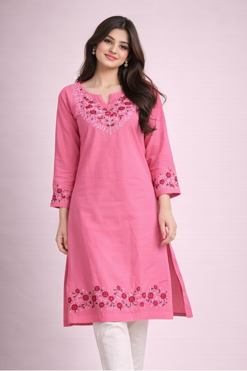 Floral Embroidered Kurti with White Pants