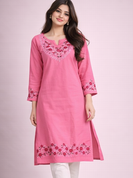 Floral Embroidered Kurti with White Pants