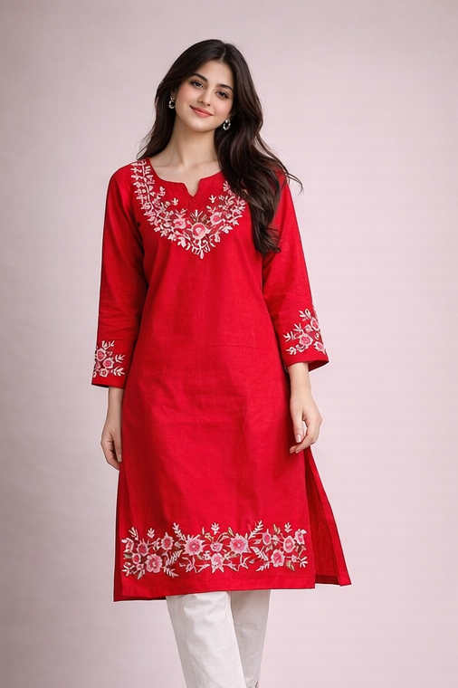 Floral Embroidered Kurti with White Pants