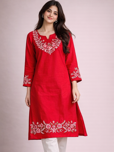 Floral Embroidered Kurti with White Pants