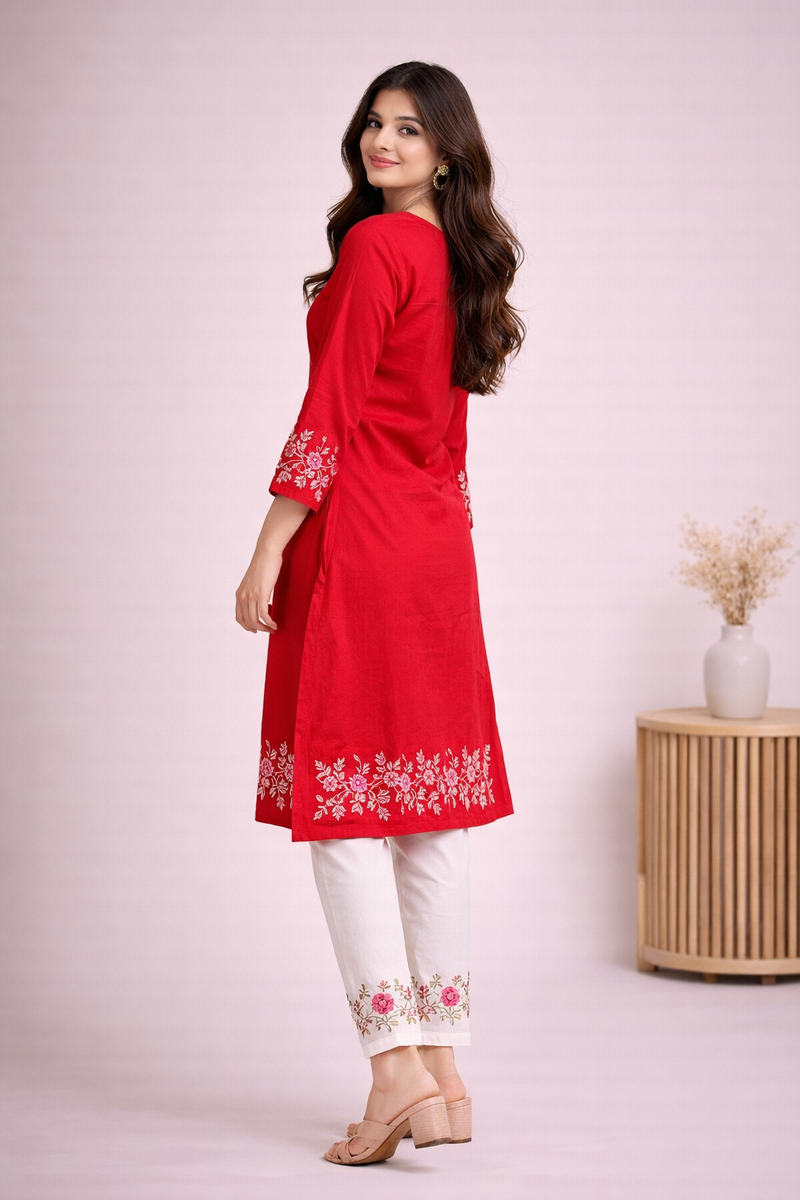 Floral Embroidered Kurti with White Pants