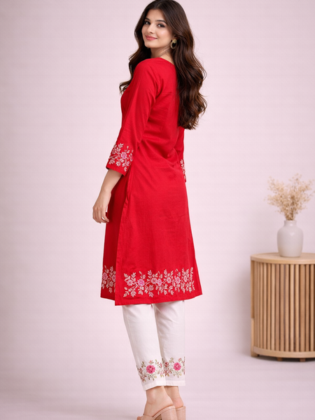 Floral Embroidered Kurti with White Pants