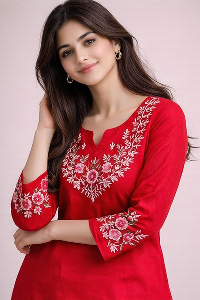 Floral Embroidered Kurti with White Pants