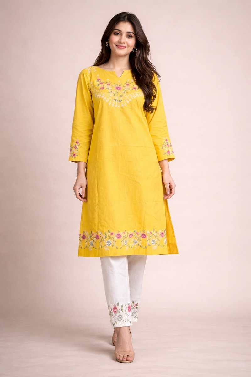 Floral Embroidered Kurti with White Pants