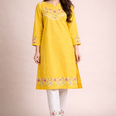Floral Embroidered Kurti with White Pants