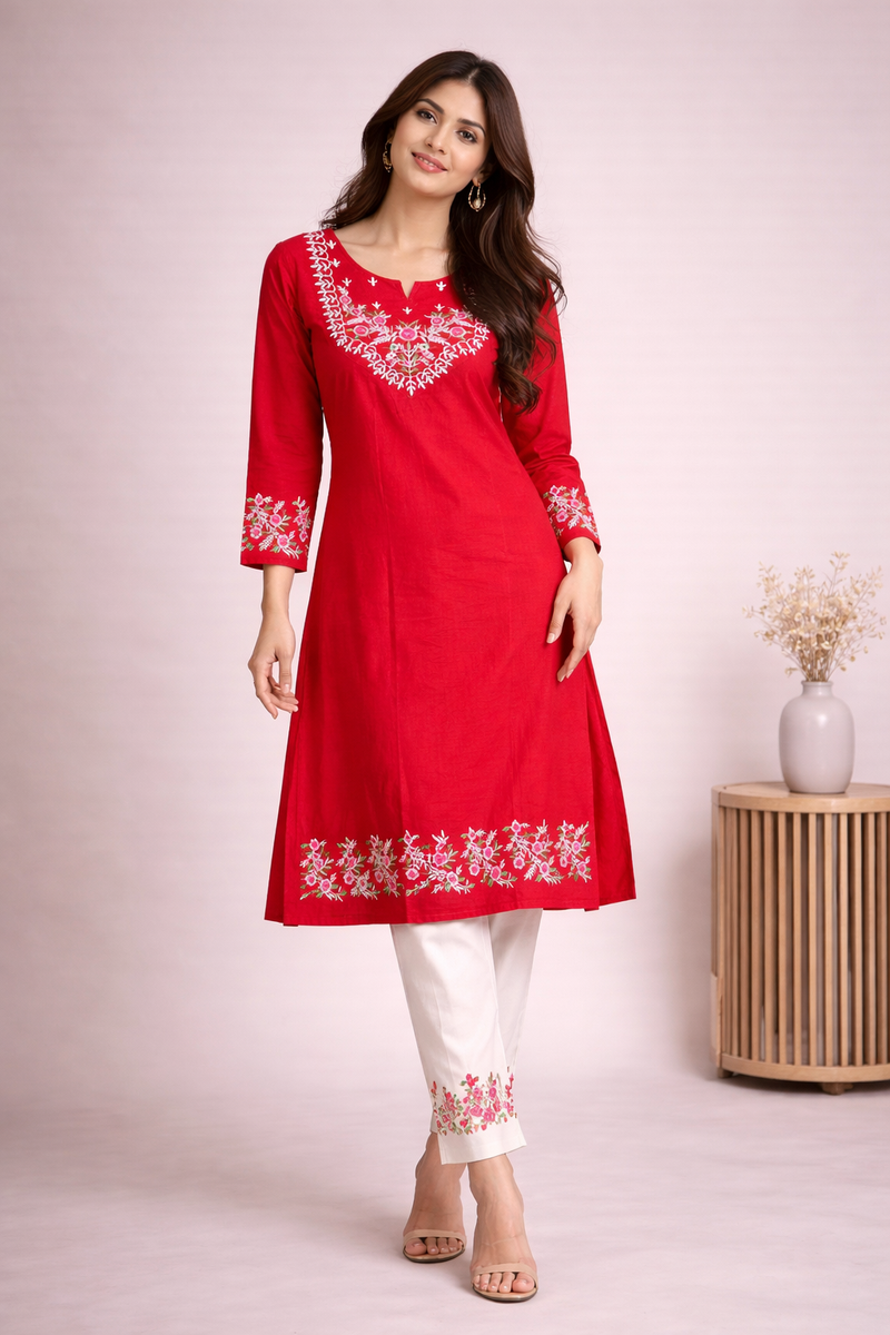 Floral Embroidered Kurti with White Pants