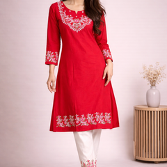 Floral Embroidered Kurti with White Pants