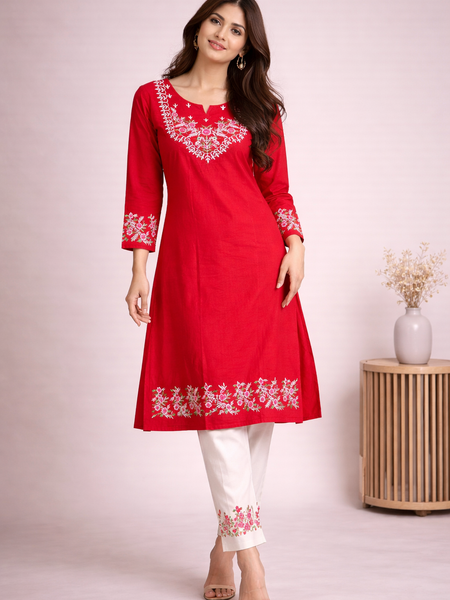 Floral Embroidered Kurti with White Pants