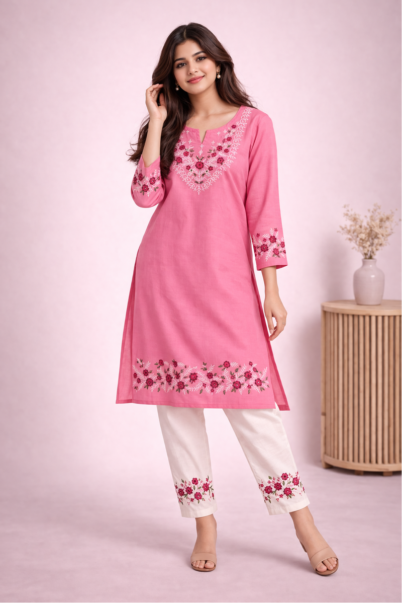 Floral Embroidered Kurti with White Pants