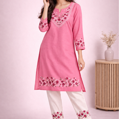 Floral Embroidered Kurti with White Pants