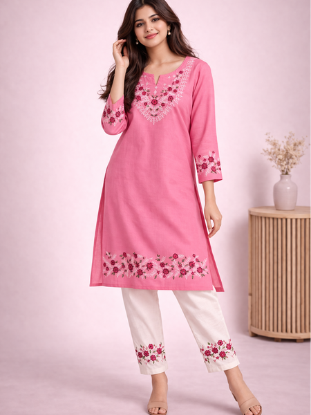 Floral Embroidered Kurti with White Pants