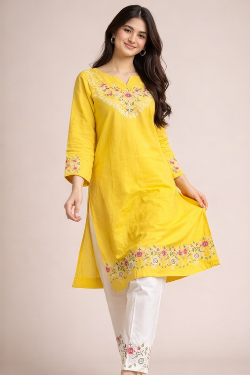 Floral Embroidered Kurti with White Pants