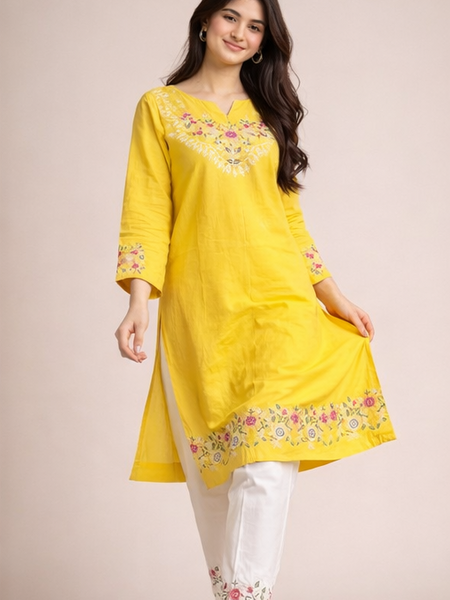 Floral Embroidered Kurti with White Pants