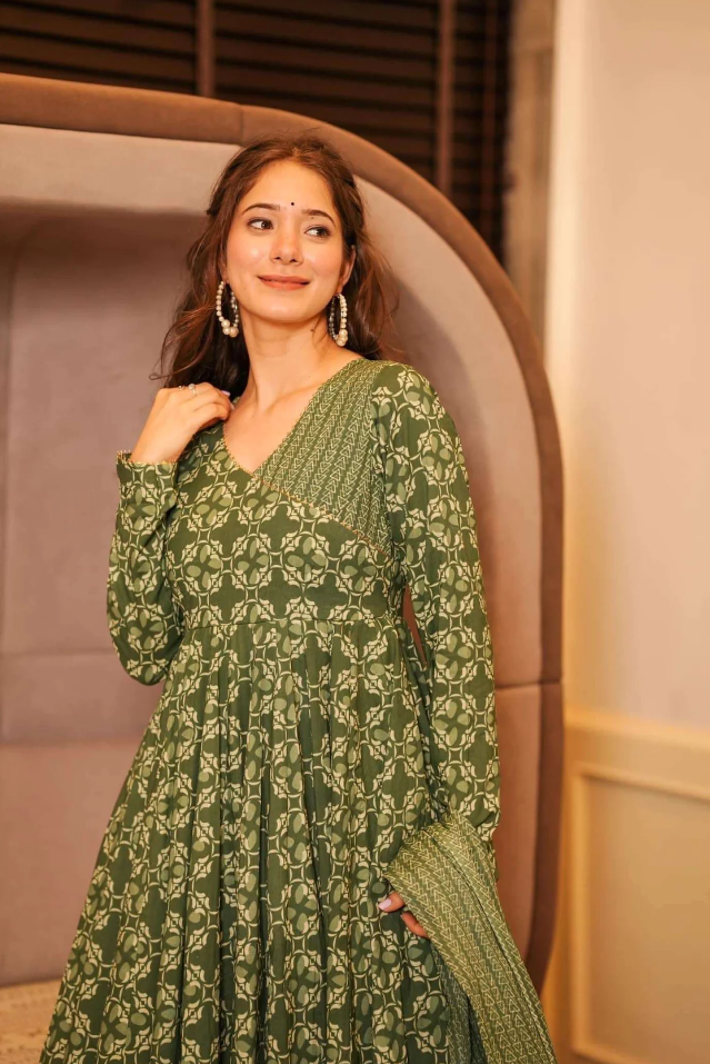 Olive Green Anarkali Kurta Set with Palazzo & Dupatta