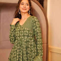 Olive Green Anarkali Kurta Set with Palazzo & Dupatta