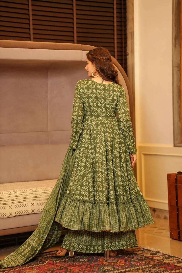 Olive Green Anarkali Kurta Set with Palazzo & Dupatta