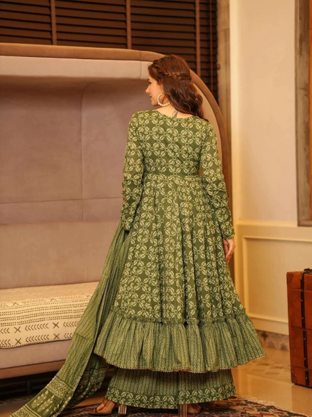 Olive Green Anarkali Kurta Set with Palazzo & Dupatta