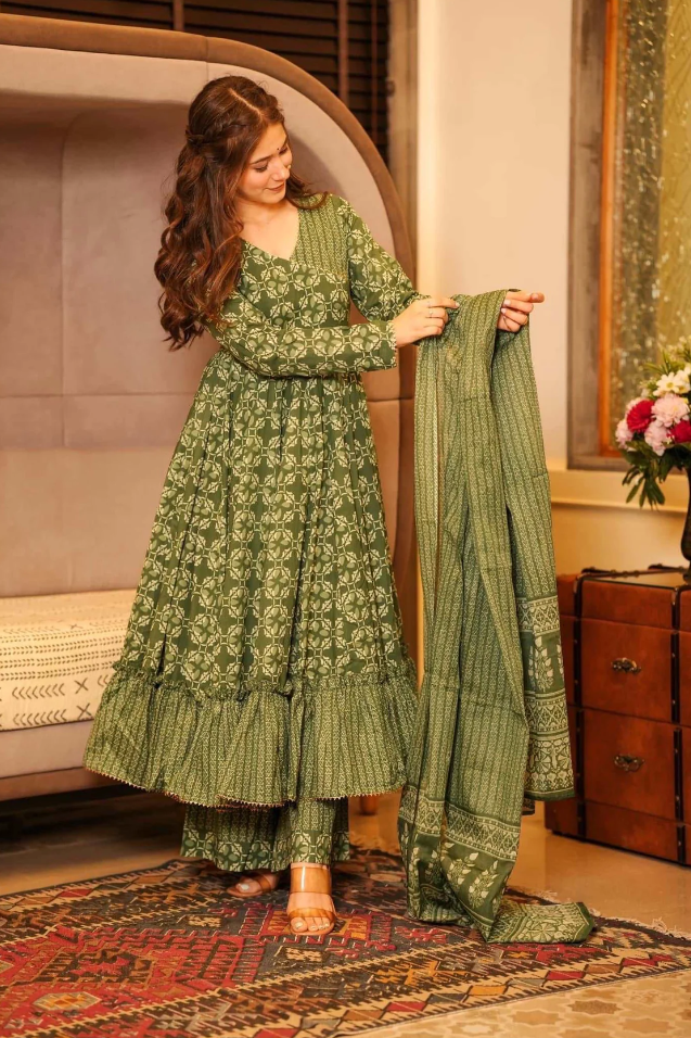 Olive Green Anarkali Kurta Set with Palazzo & Dupatta
