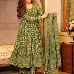 Olive Green Anarkali Kurta Set with Palazzo & Dupatta