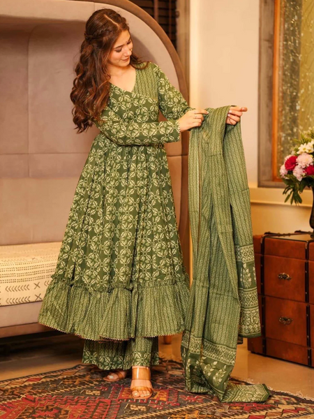 Olive Green Anarkali Kurta Set with Palazzo & Dupatta