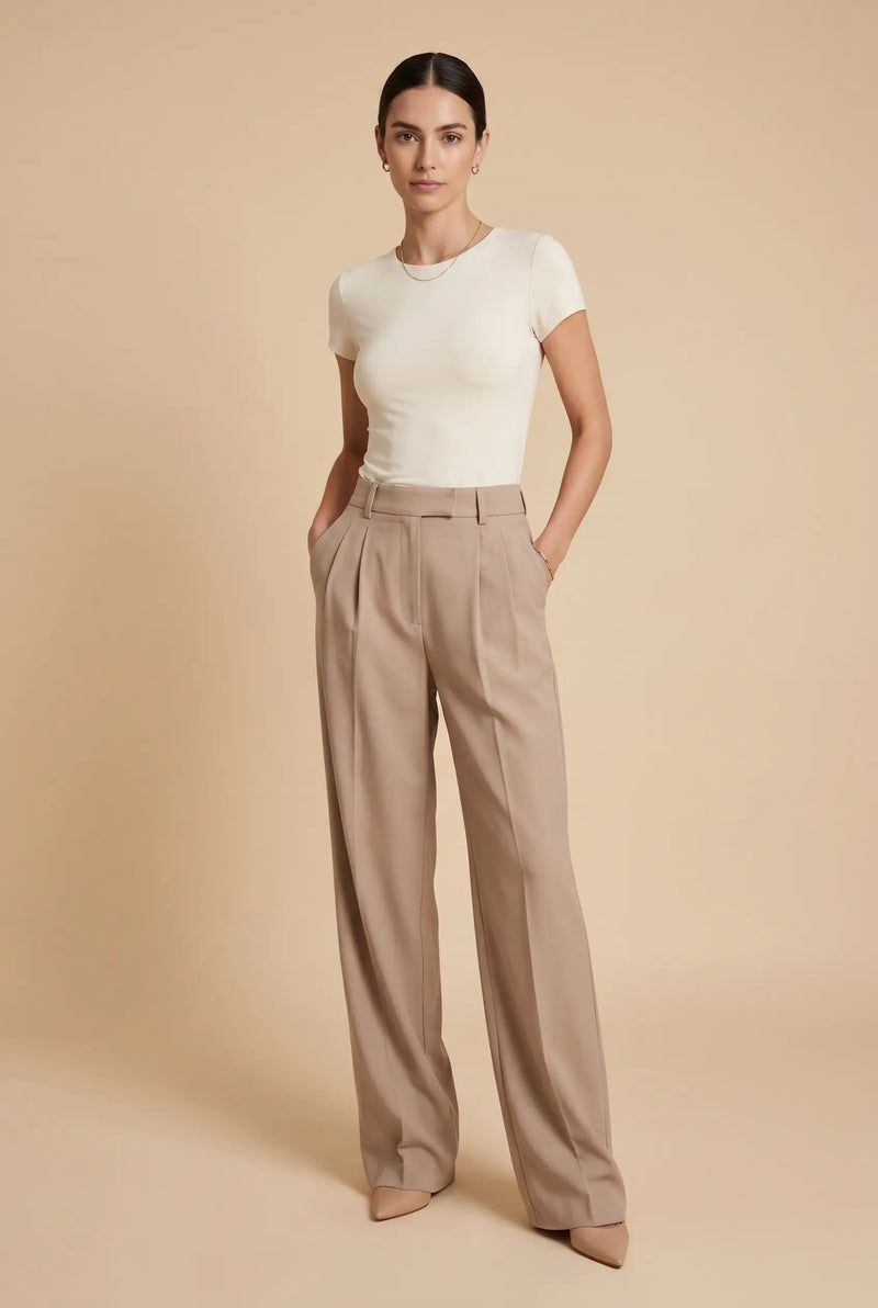 Women’s Beige Wide Leg High Waist Pleated Palazzo Pants