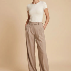 Women’s Beige Wide Leg High Waist Pleated Palazzo Pants