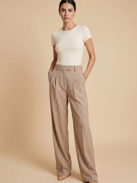 Women’s Beige Wide Leg High Waist Pleated Palazzo Pants