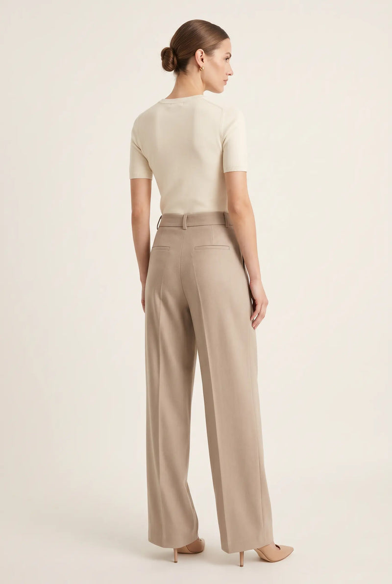 Women’s Beige Wide Leg High Waist Pleated Palazzo Pants