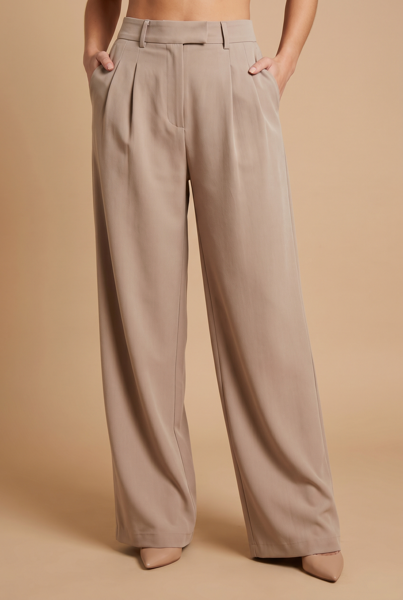 Women’s Beige Wide Leg High Waist Pleated Palazzo Pants