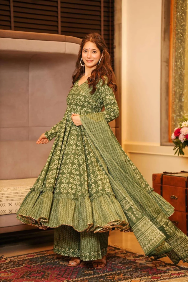 Olive Green Anarkali Kurta Set with Palazzo & Dupatta
