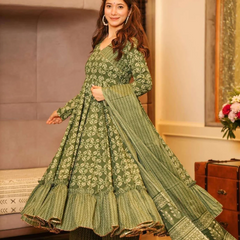 Olive Green Anarkali Kurta Set with Palazzo & Dupatta