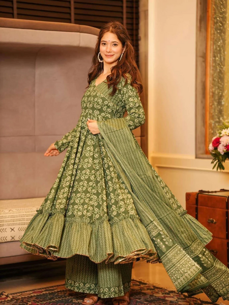 Olive Green Anarkali Kurta Set with Palazzo & Dupatta