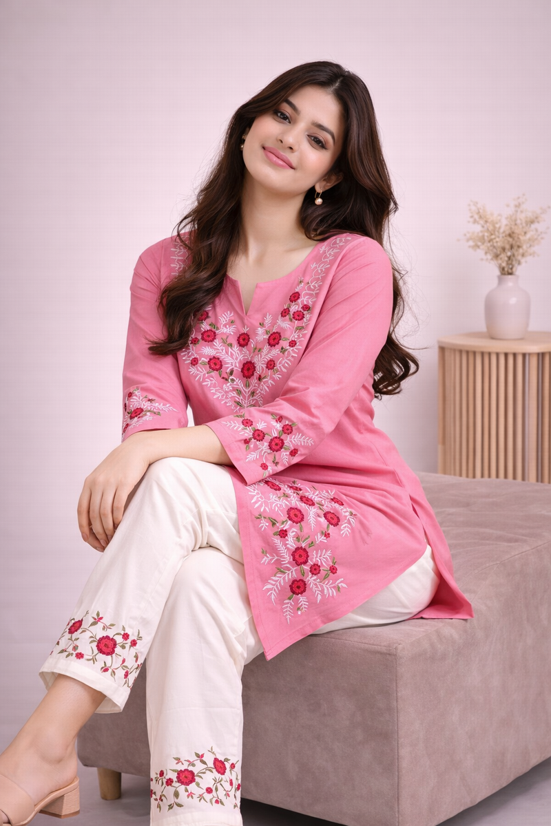 Floral Embroidered Kurti with White Pants