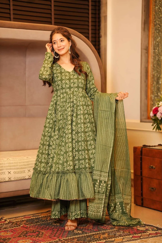 Olive Green Anarkali Kurta Set with Palazzo & Dupatta
