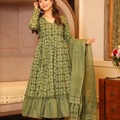 Olive Green Anarkali Kurta Set with Palazzo & Dupatta