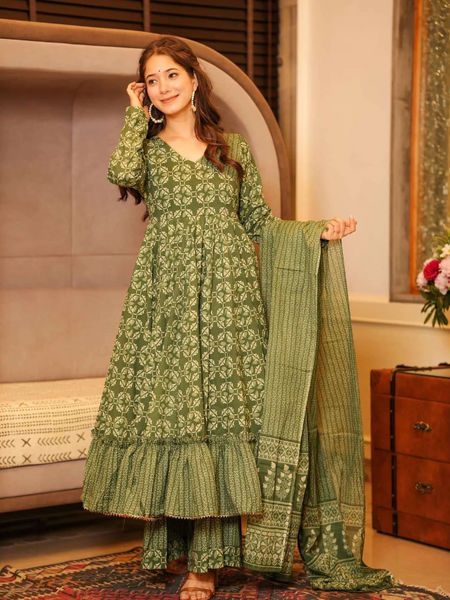 Olive Green Anarkali Kurta Set with Palazzo & Dupatta