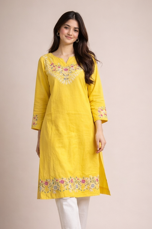 Floral Embroidered Kurti with White Pants